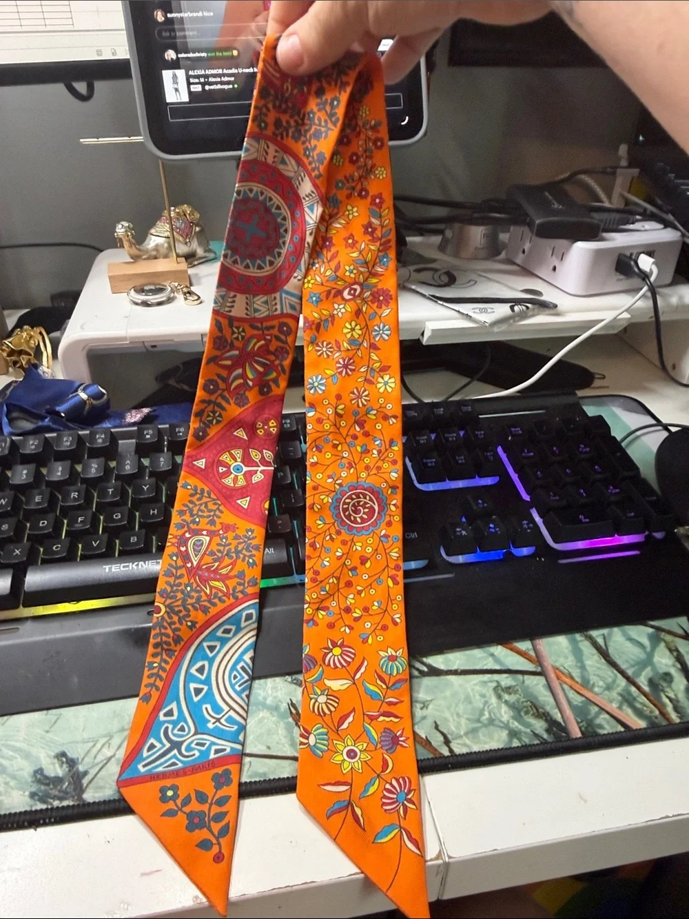 Hermès Orange Floral Silk Twilly Scarf